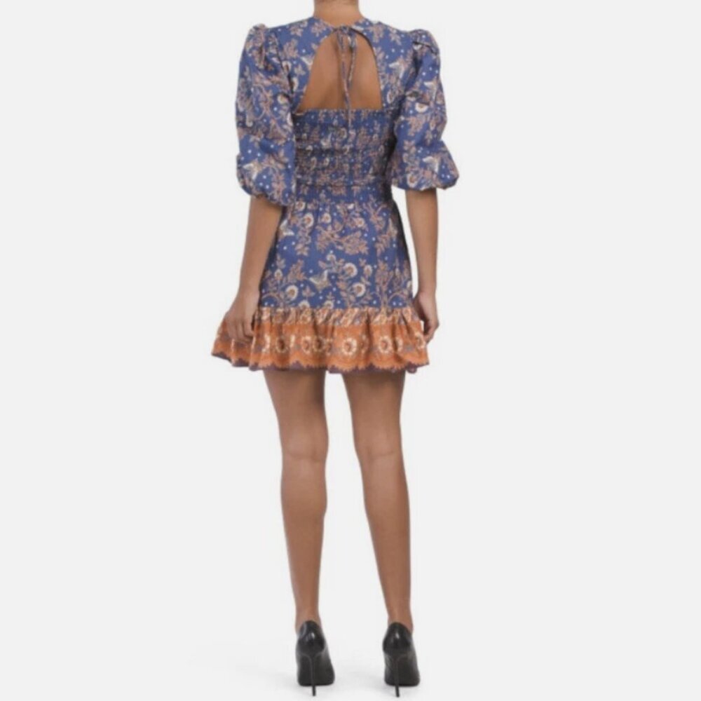 House of Harlow x Revolve Anastassia Blue Boho Floral Puff Sleeve Dress Sz S